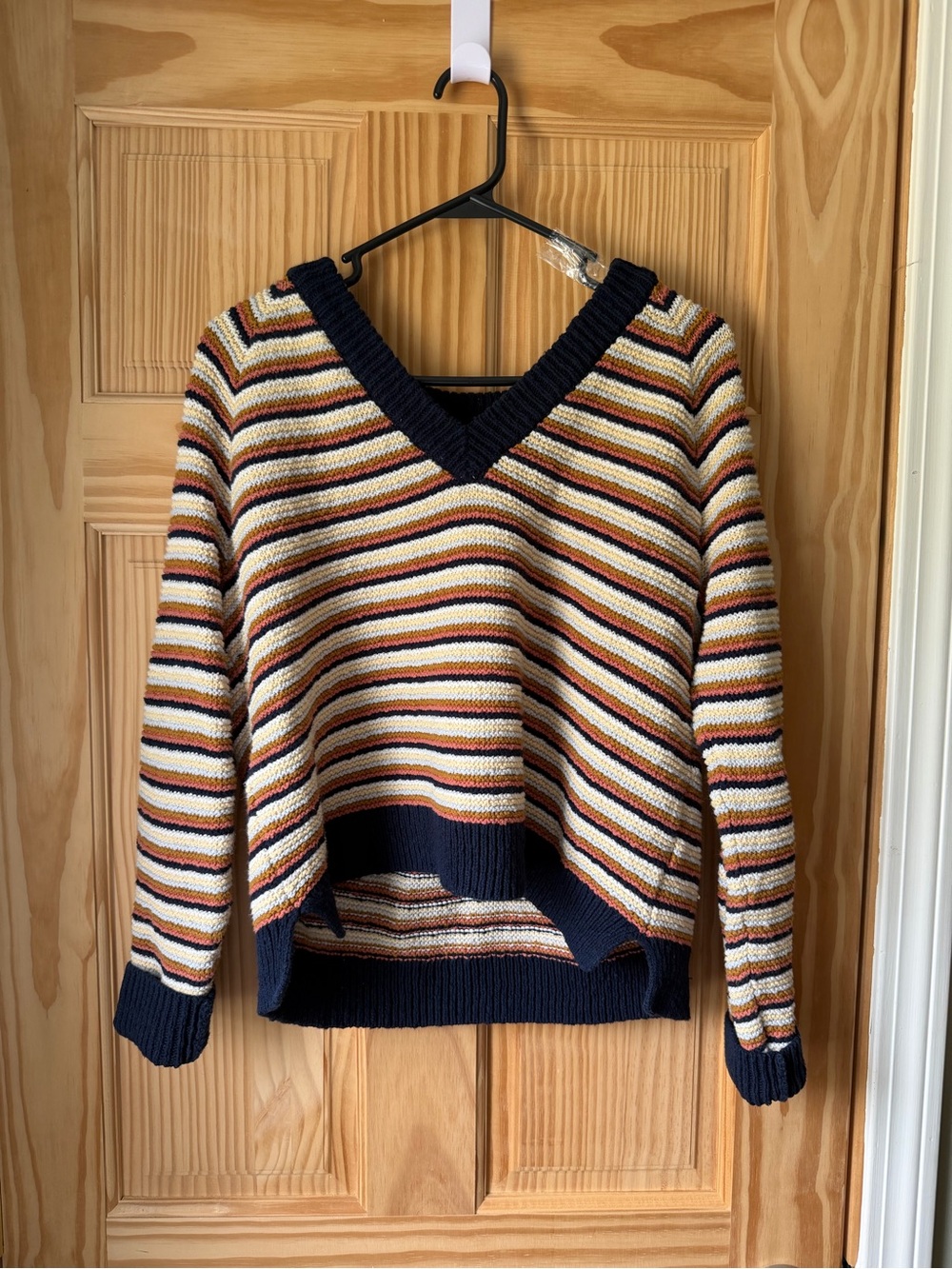 Madewell Striped V-Neck Sweater in Navy, Cream & Rust